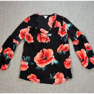 Caslon Sheer Floral Tunic Top Women's Small Red Poppies Balloon Sleeve Ruffle